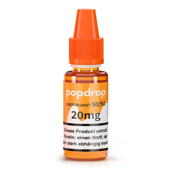 Popdrop Nikotinshot 50/50 20mg/ml in a small bottle with orange cap, perfect for vaping beginners.